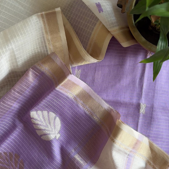 Maheshwari Lavender-White Katan Motifs Top Dupatta Sets KBS030