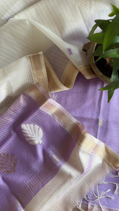 Maheshwari Lavender-White Katan Motifs Top Dupatta Sets KBS030