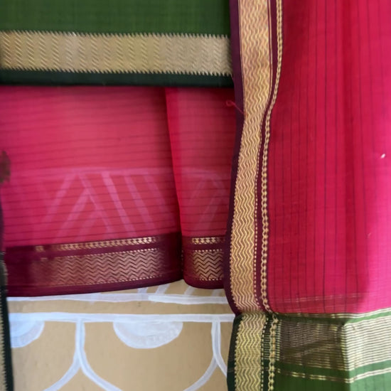 Maheshwari Green & Red Motifs Top Dupatta Sets