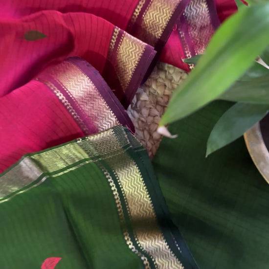 Maheshwari Green & Red Motifs Top Dupatta Sets