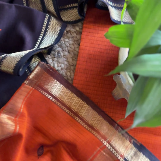 Maheshwari Orange & Black Motifs Top Dupatta Sets