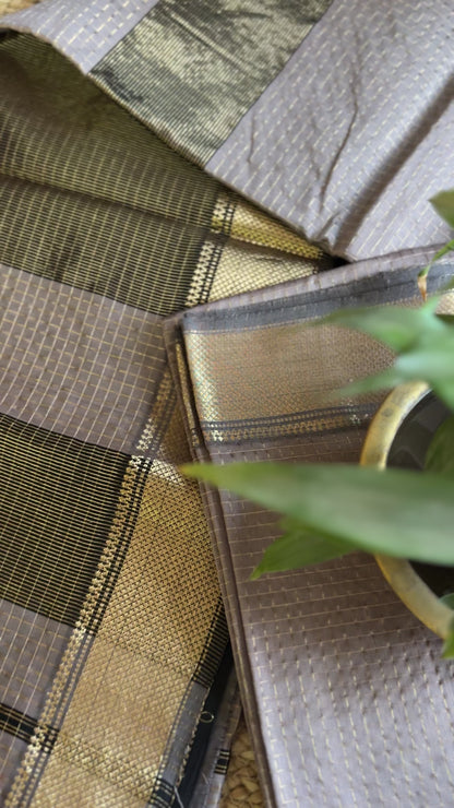 Maheshwari Light Beige Chikoo Zari Checkered Sarees