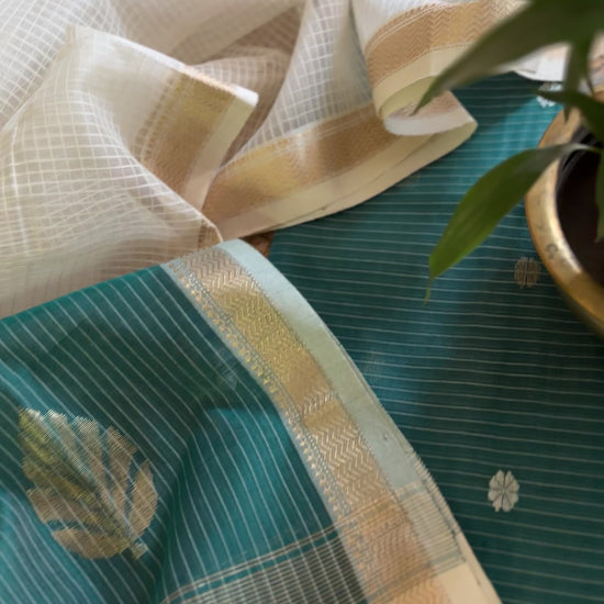 Maheshwari Teal Blue - White Katan Motifs Top Dupatta Sets