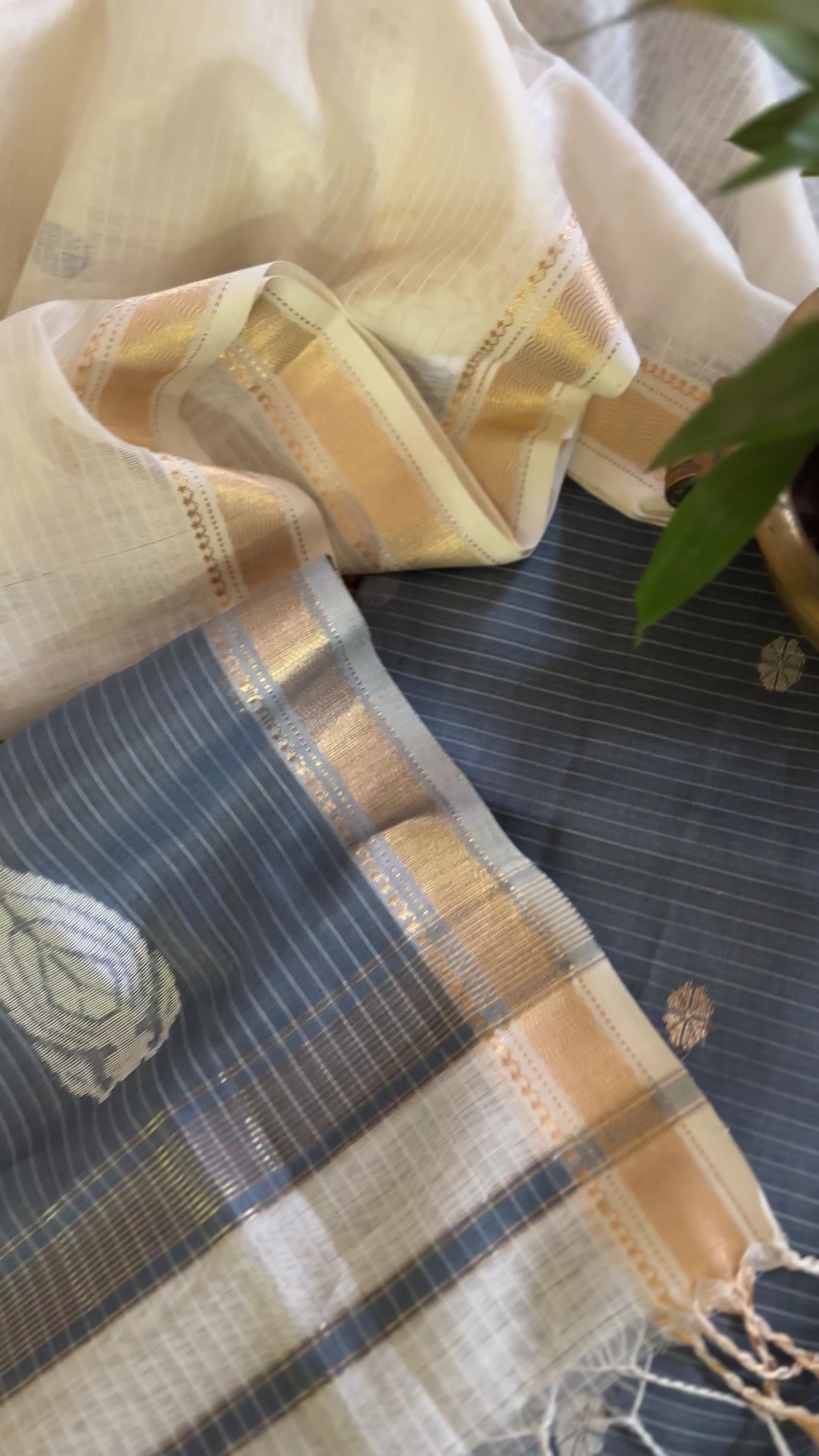 Maheshwari Grey - White Motifs Top Dupatta Sets
