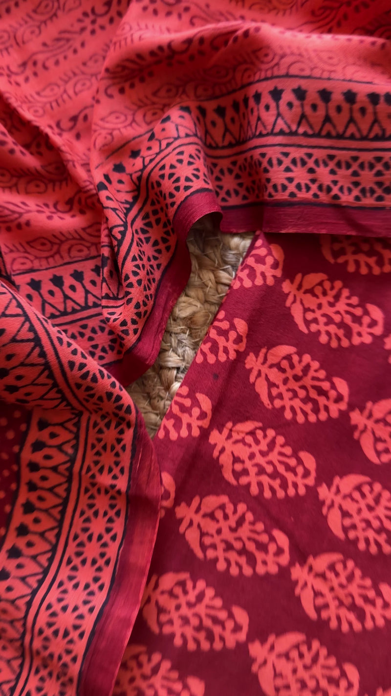 Red-Peach Bagh Print Cotton Suit-BCS08