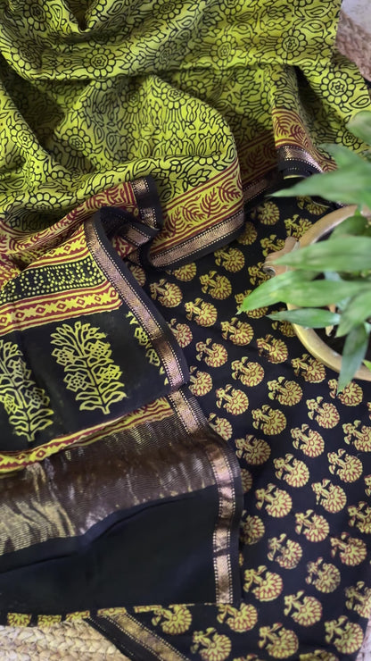 Maheshwari Black Green Bagh Print Suit