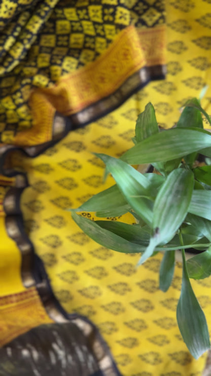 Maheshwari Yellow Black Mustard Bagh Print Suit