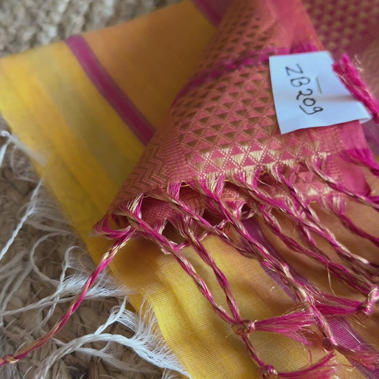 Yellow Pink Flower Motifs ~ Maheshwari Saree