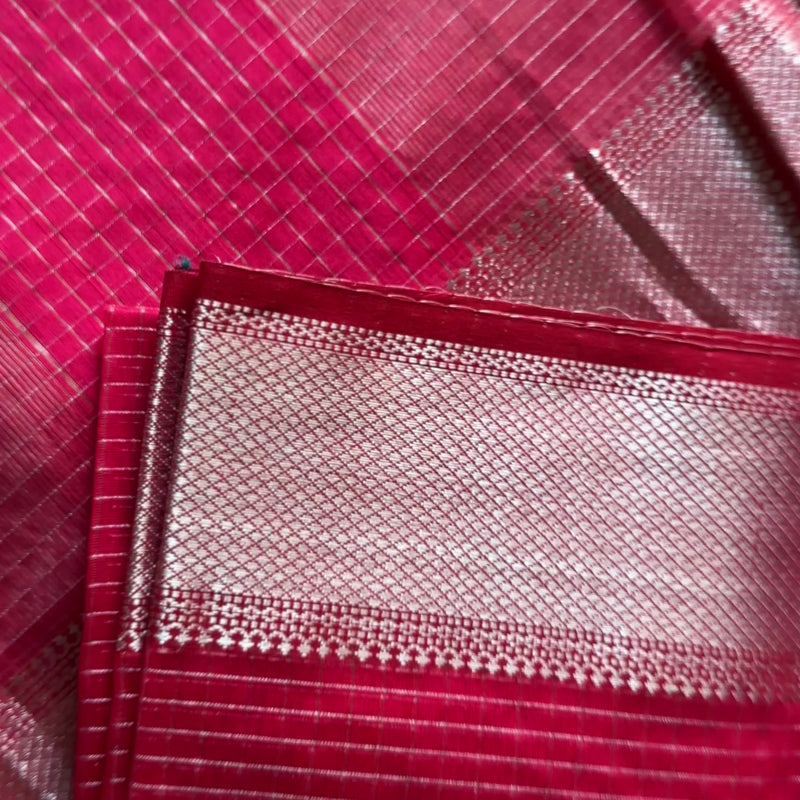 Maheshwari Rani Pink ~ Silver Zari Checkered Silk Saree