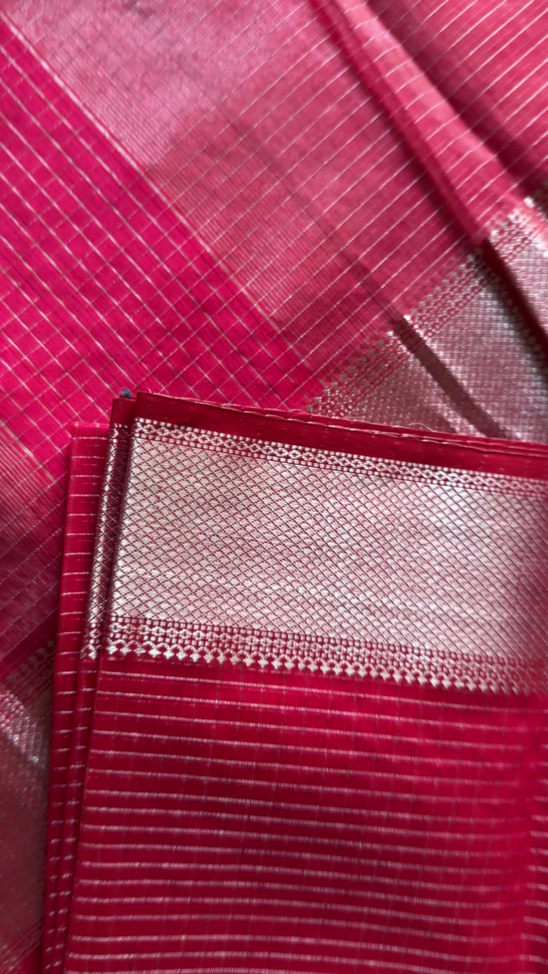 Maheshwari Rani Pink ~ Silver Zari Checkered Silk Saree