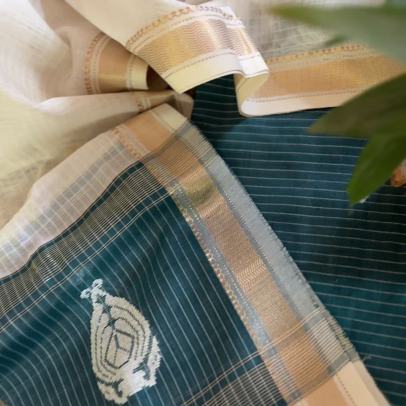 Maheshwari Teal Blue - White Motifs Top Dupatta Sets
