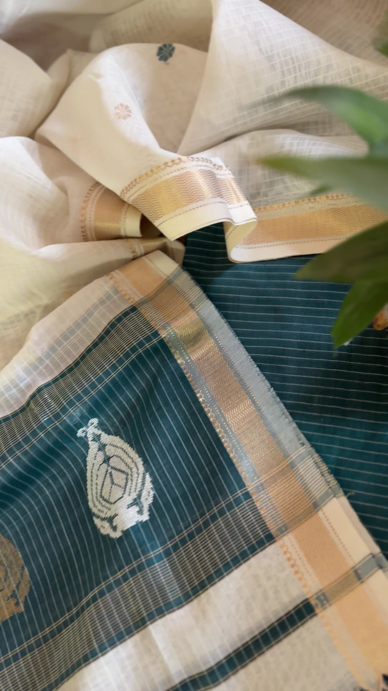 Maheshwari Teal Blue - White Motifs Top Dupatta Sets