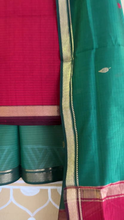 Maheshwari Rama Green - Maroon Motifs Top Dupatta Sets