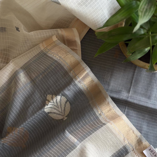 Maheshwari Ash Grey - White Katan Motifs Top Dupatta Sets