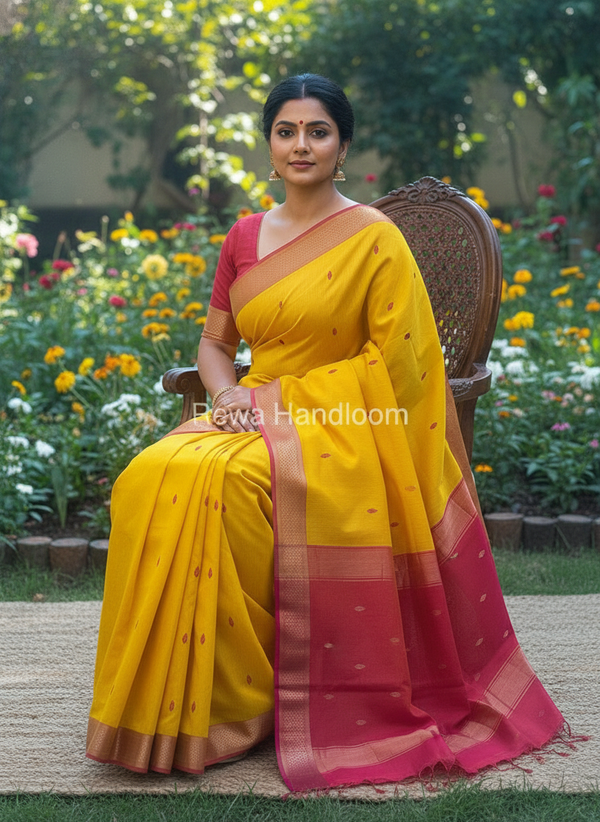 Maheshwari Yellow Flower Butti Saree PTB0140 Rewa Handloom